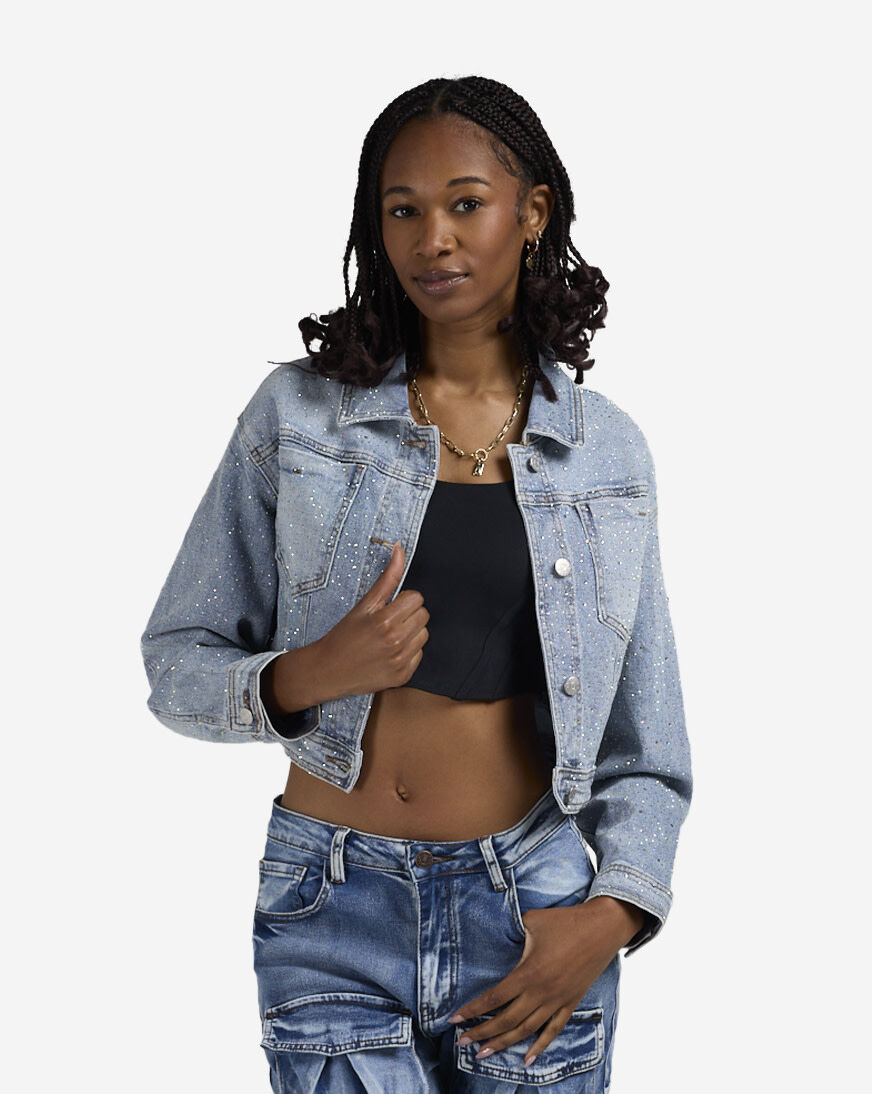 Shop Vibrant Rhinestone Trucker Jacket XJK142SN blue | SNIPES USA