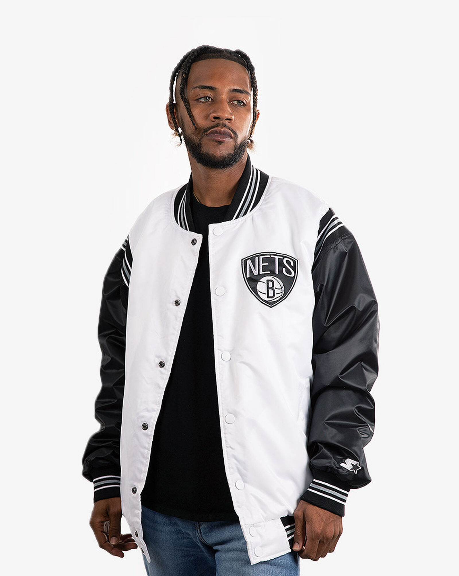 Women's Starter Black/White Brooklyn Nets Split Colorblock Satin Full-Snap Varsity Jacket Size: Extra Large