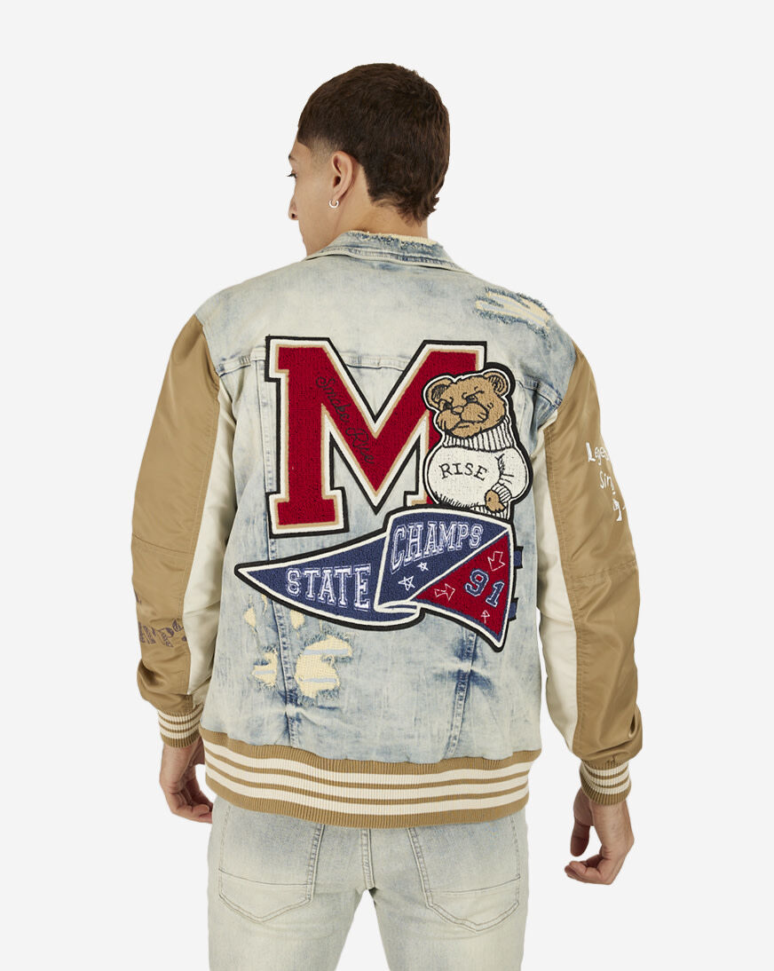 Shop Smoke Rise Varsity Denim and Nylon Trucker Jacket JJ23545SNZ