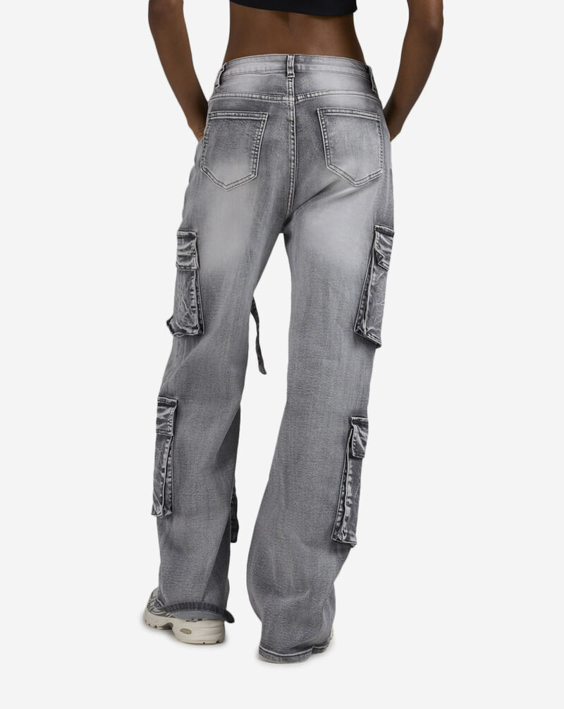 American Bazi 4Pkt Cargo Denim Criss Cross Straps Jeans  RJH-21174 Grey 2