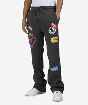 Multi Embroidery Patched Stacked Fleece Pants