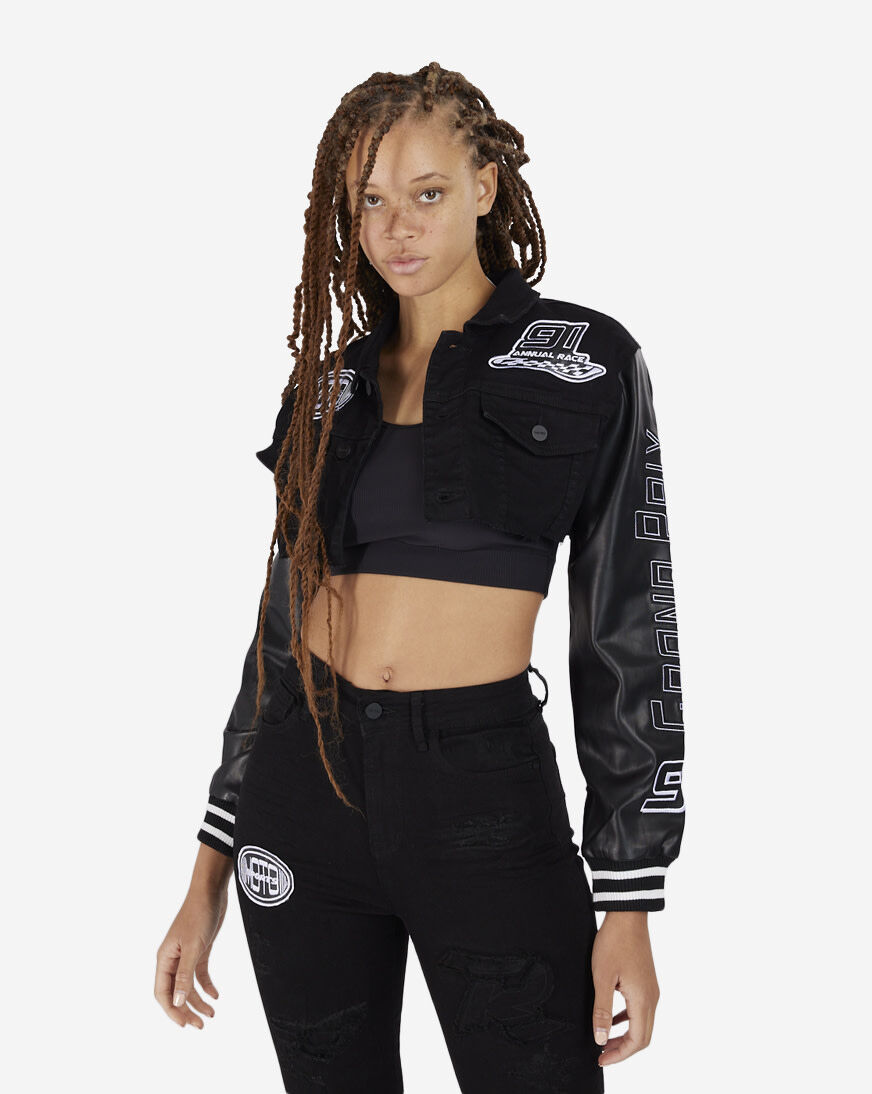 Shop Smoke Rise Cropped Racing Denim Jacket AJ23510SN-DEE