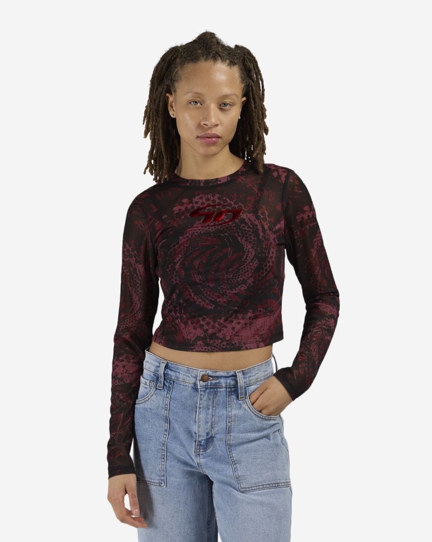 Shop Smoke Rise Printed Long Sleeve Mesh Top RKT26S416SNZ-FUCHSIA