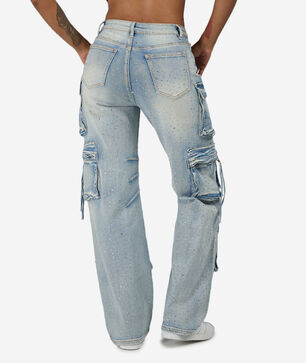 6PKT Rhinestone Cargo Denim