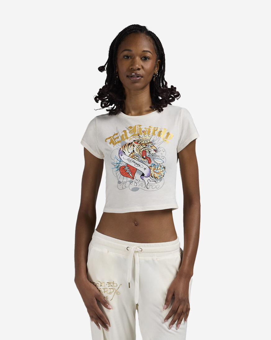 Shop Ed Hardy Tiger Crown Rhinestone Baby Tee EHW1104-153RS cream