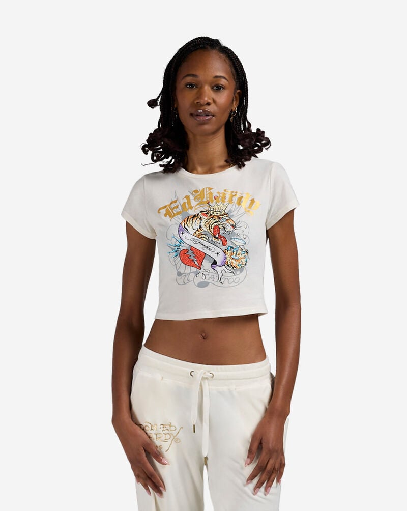 Ed Hardy Tiger Crown Rhinestone Baby Tee EHW1104-153RS cream 1
