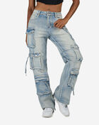 American Bazi 6PKT Rhinestone Cargo Denim RJH-10946-LTBLU Blue 1