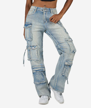 6PKT Rhinestone Cargo Denim