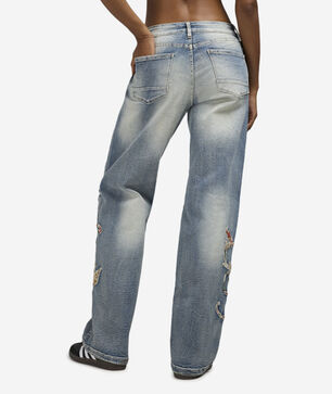 Wide Leg Distressed Tapestry Denim Jeans
