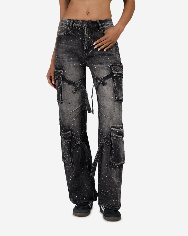 American Bazi 4Pkt Rhinestone Cargo Denim Jeans RJH-21174RS Black 1