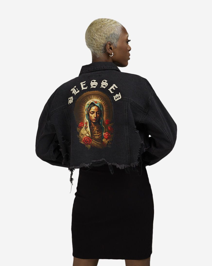 Shop Trio Urban Blessed Denim Jacket 200079-DNBLK black