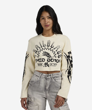 Crop Rhinestone Graphic Long Sleeve Crewneck 