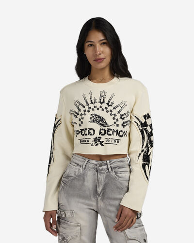Crop Rhinestone Graphic Long Sleeve Crewneck 