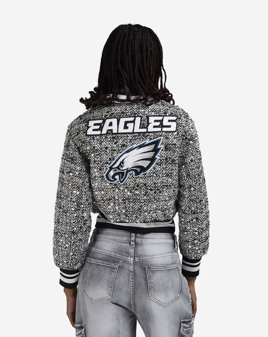 Shop PRO STANDARD Philadelphia Eagles Tweed Sequin Bomber Shop PRO STANDARD Philadelphia Eagles Tweed Sequin Bomber