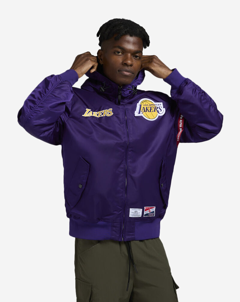 New Era Alpha Industries Historic L-2B Los Angeles Lakers Hooded Bomber Jacket 60564107 Purple 1