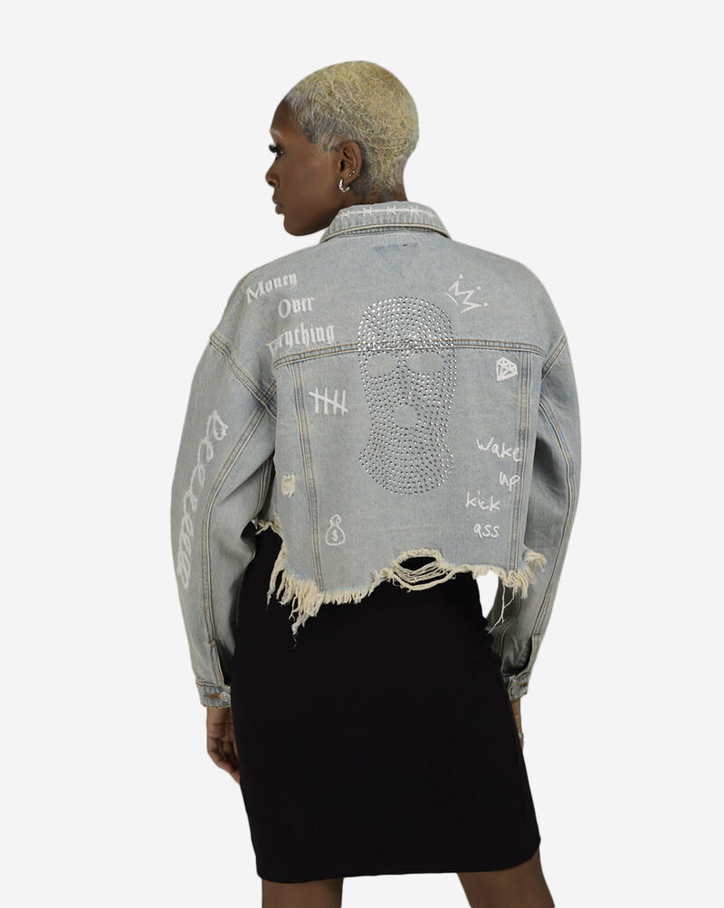 Trio Urban Ski Mask Rhinestone Denim Jacket W16-BLU Blue 2