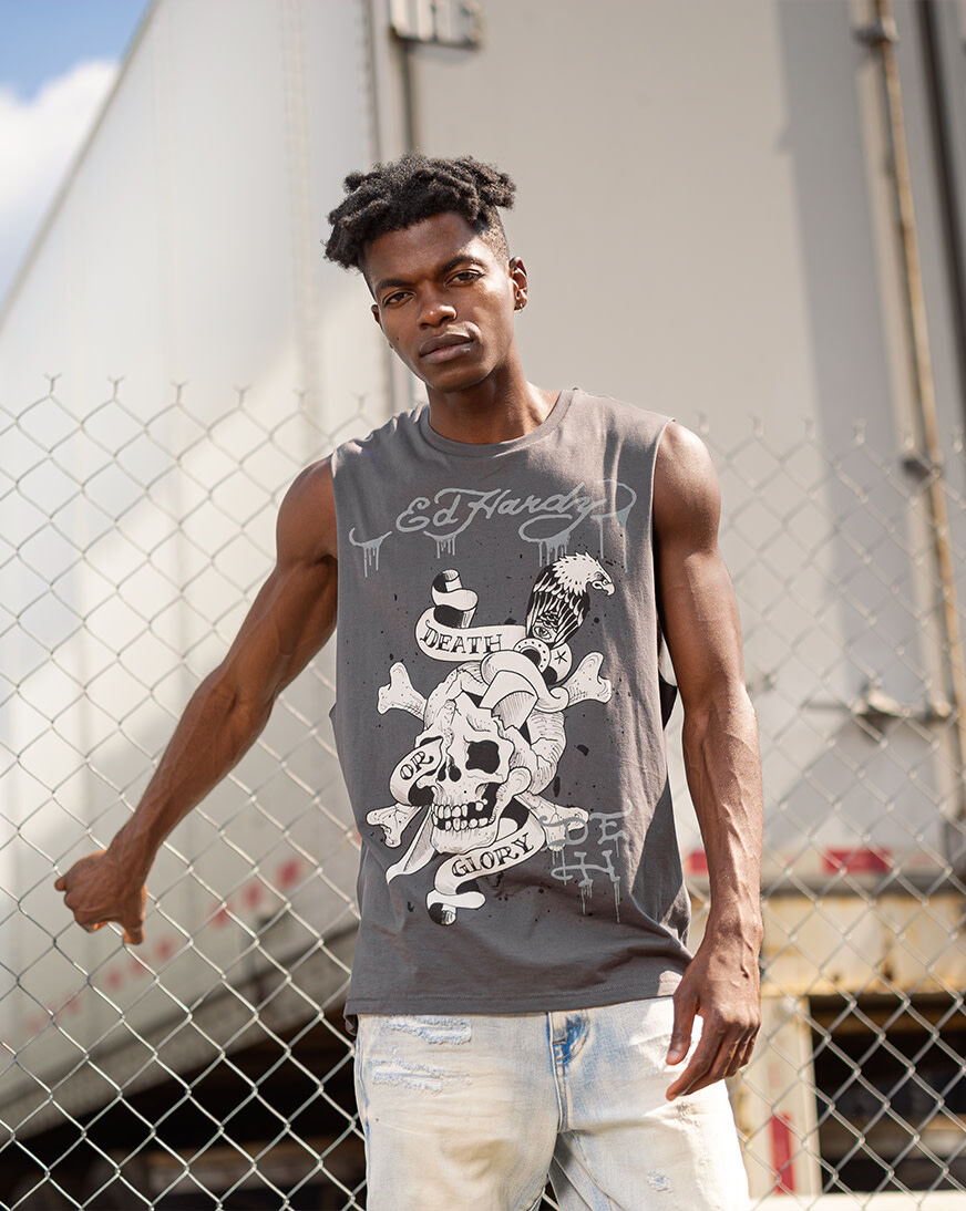 Shop Ed Hardy DG Skull Cut Off Tee EHMD1000-9-CHA grey