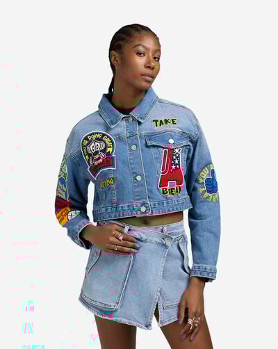 Denim Varsity Crop Jacket Denim Varsity Crop Jacket