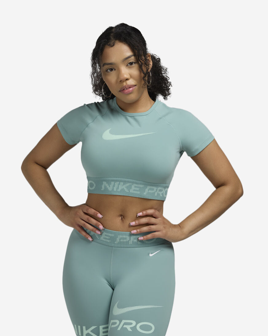 Shop Nike Pro Dri-FIT Short-Sleeve Cropped Top HV3673-017 green