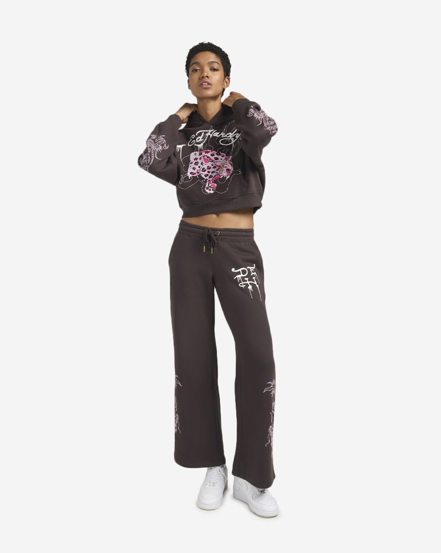 Shop Ed Hardy Rhinestone Wide Leg Fleece Pant EHW8200-106RS black