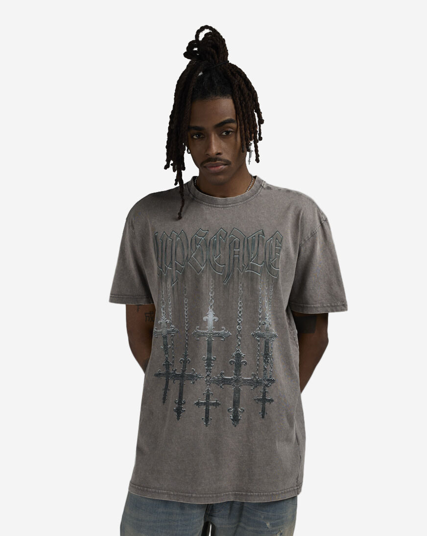 Engrave the Cross メッシュトップス Shop Upscale Chrome Hanging Crosses Acid Washed Tee MTUS524A-02726