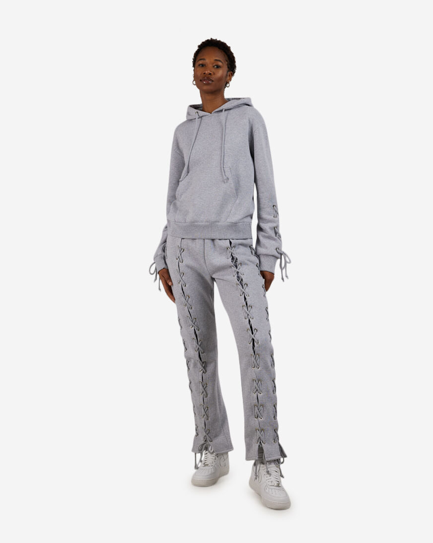 Shop Allure Lace-Up Sleeve Fleece Hoodie LH203-HGR grey