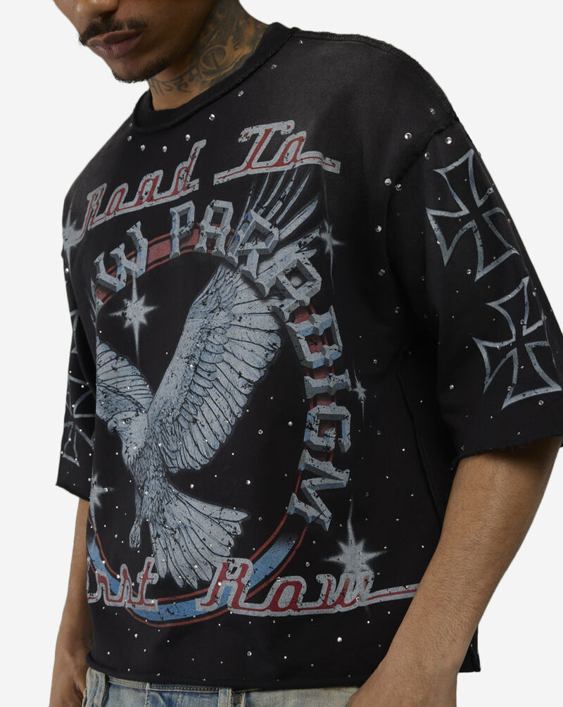 First Row Road to the New Paradigm Eagle and Cross Mini Terry Cropped Tee FRM1043S-BLK Black 3