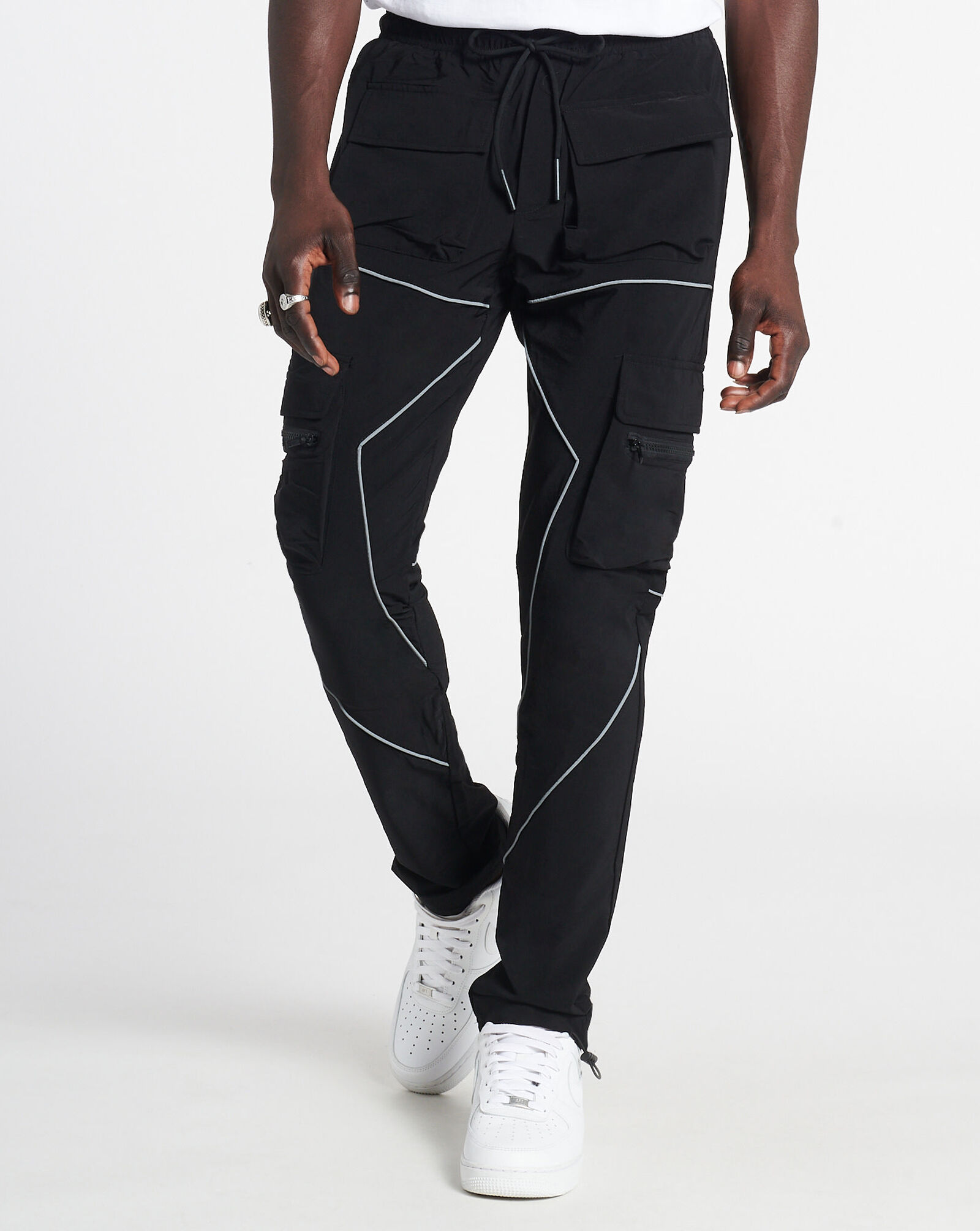 Shop Decibel Reflective Pipe Detailed Cargo Pants SU21B205BLK black