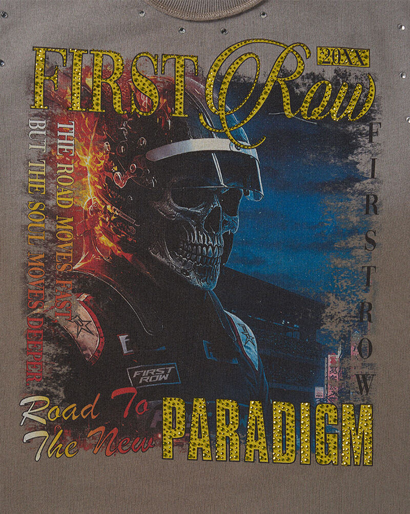 First Row Kids' 3/4 Sleeve Fire Skull Terry Rhinestone Tee FRBM1046 Grey 2