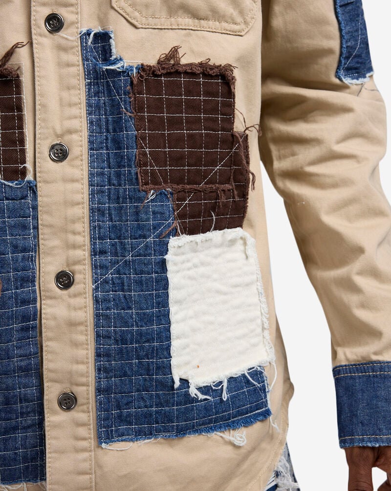 Decibel Long-Sleeve Patchwork Woven Shirt DECWT072-KHA Beige 3