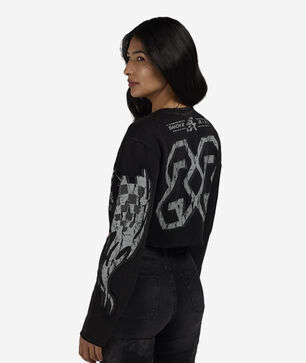 Crop Rhinestone Graphic Long Sleeve Crewneck