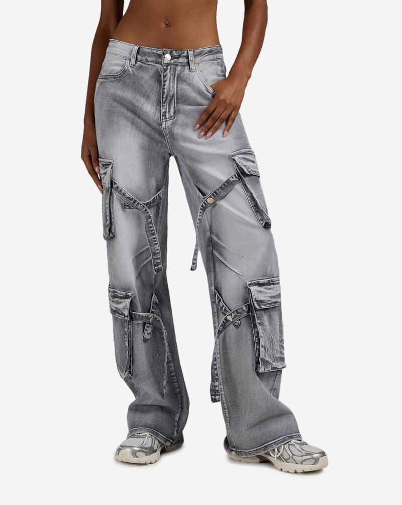 American Bazi 4Pkt Cargo Denim Criss Cross Straps Jeans  RJH-21174 Grey 1