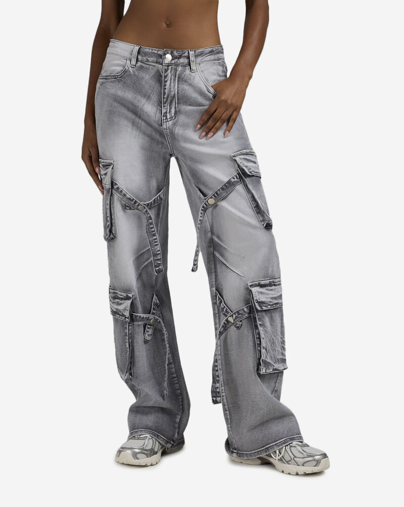 American Bazi 4Pkt Cargo Denim Criss Cross Straps Jeans  RJH-21174 Grey 1