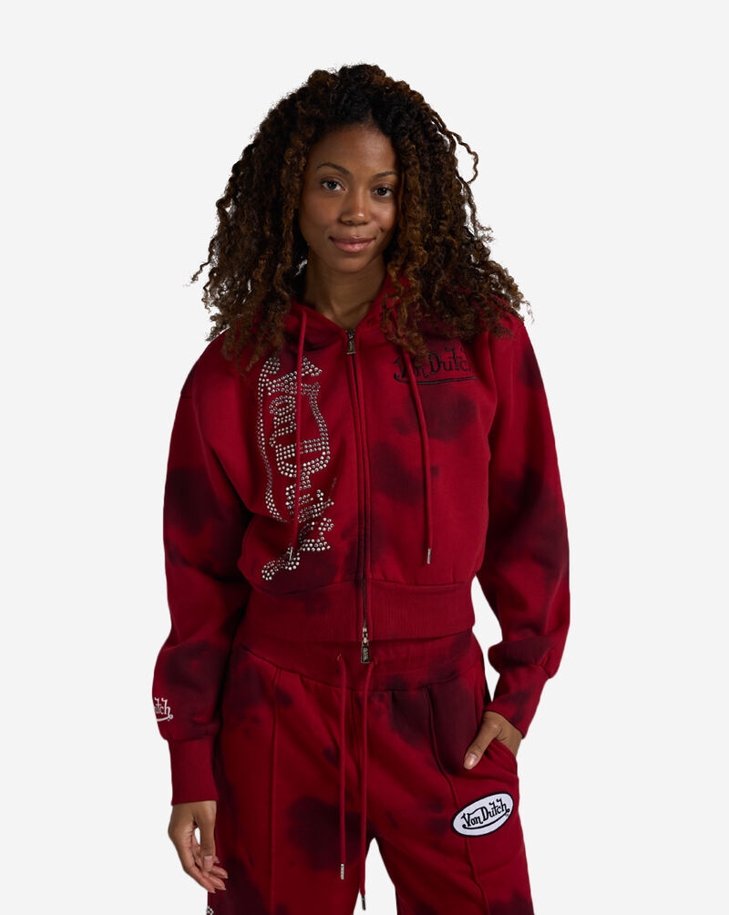 Von Dutch Full Zip Rhinestone Washed Fleece Hoodie  7VND2B0377SN Red 1