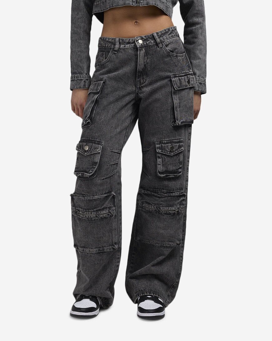 【AAKE】WAIST STOPPER CARGO DENIM Glkaend Women's Vintage High Waist Casual Denim Cargo Pants