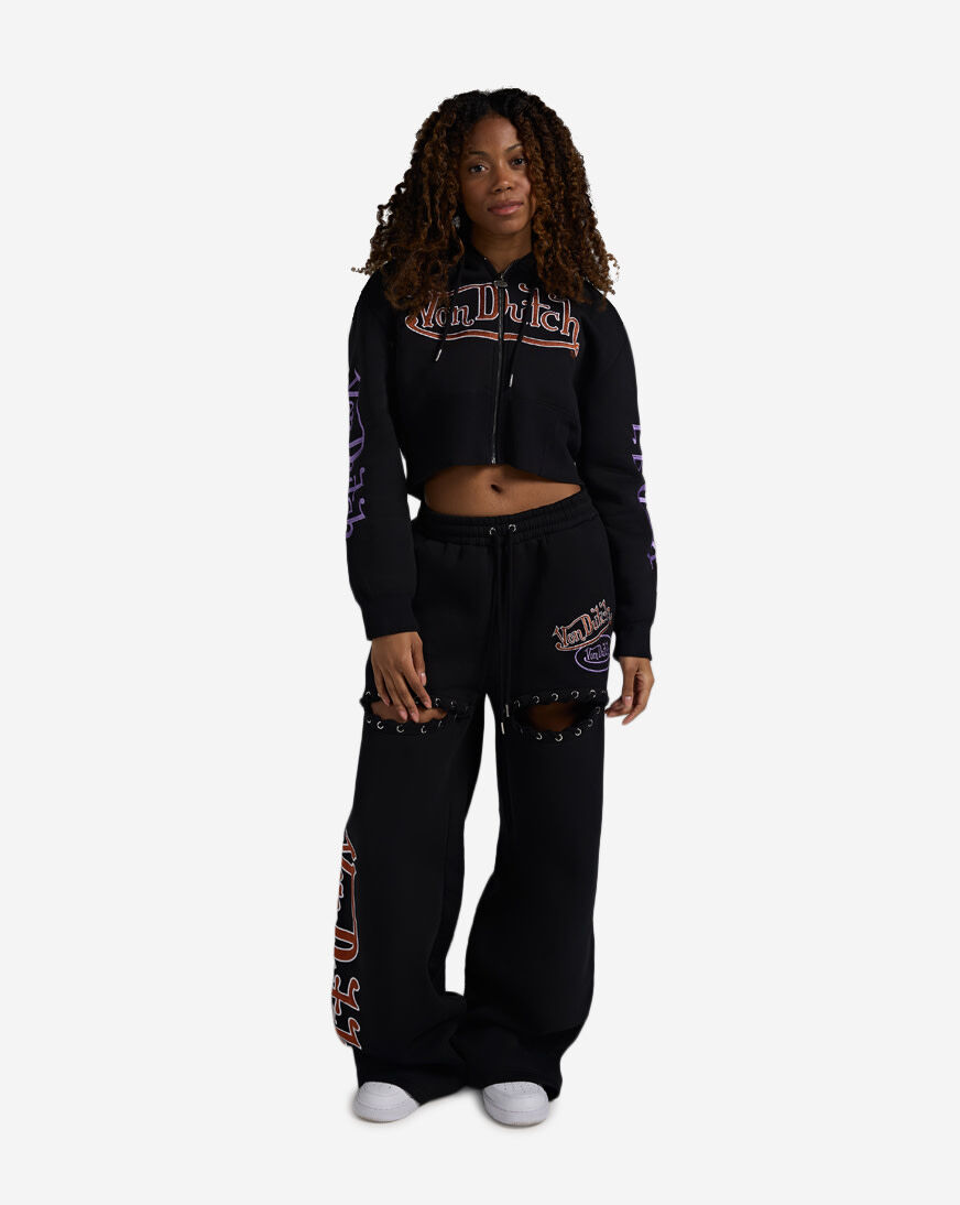 Shop Von Dutch Thigh Cut Wide Leg Fleece Pant 7VND3B0795SN black