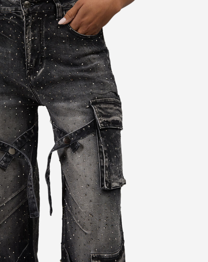 American Bazi 4Pkt Rhinestone Cargo Denim Jeans RJH-21174RS Black 3