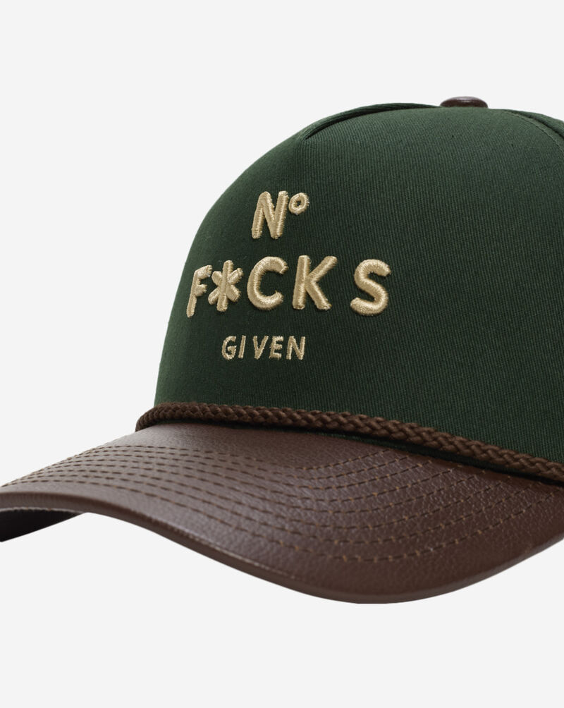 Field Grade No F's Given Twill Leather Trucker Hat 1005036 Green 2