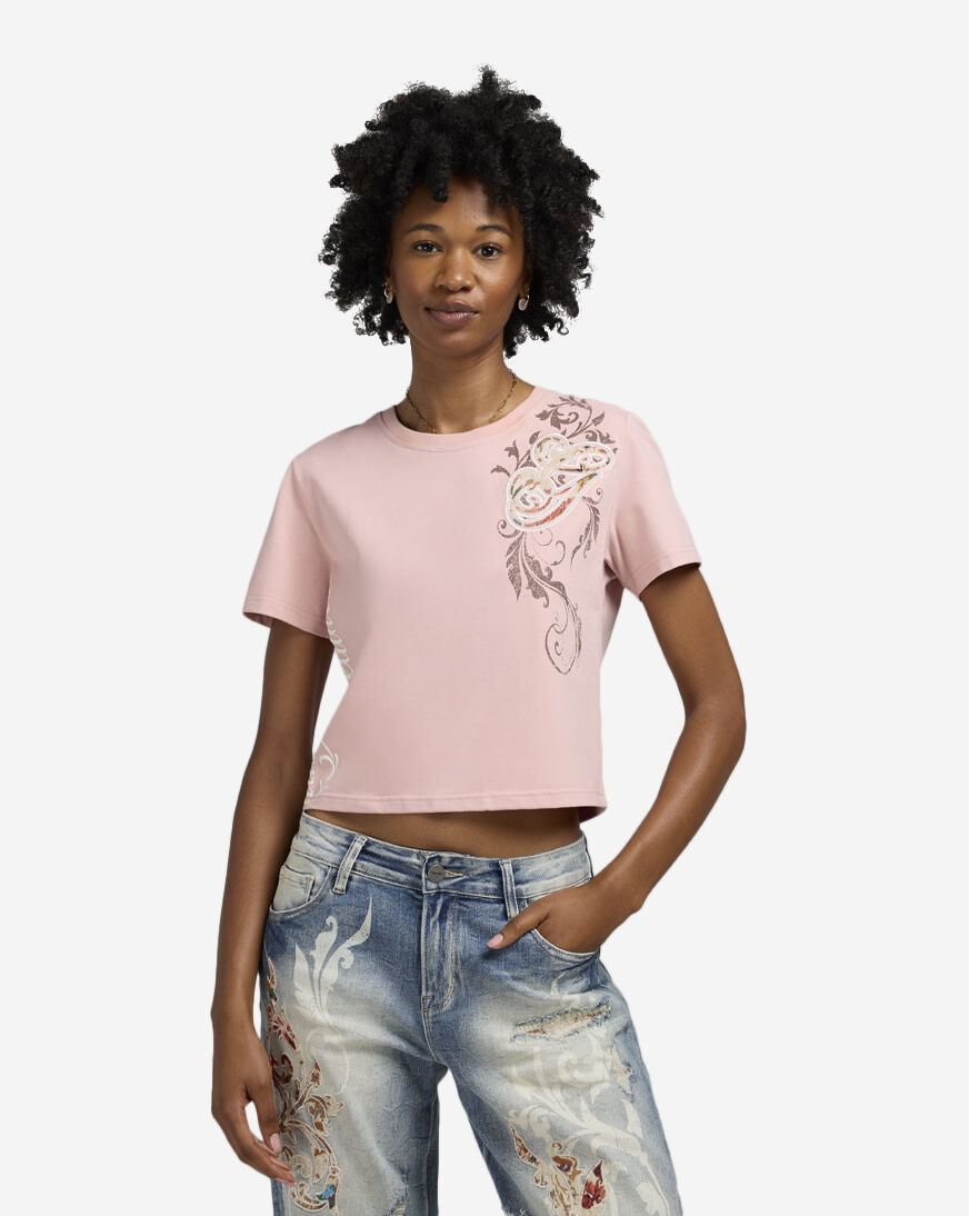 Shop Smoke Rise Boxy Cropped Tapestry Tee NT25601SNZ-SP pink