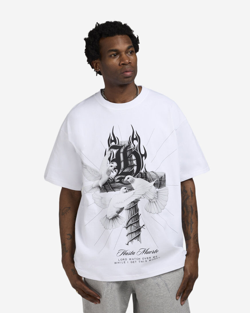 Shop Hasta Muerte Hasta Cross Doves Tee HMCROSSDVS01-WHT white