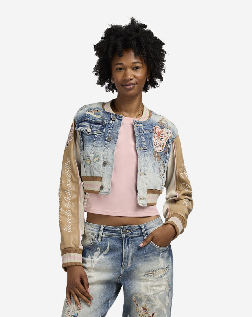 Shop Smoke Rise Denim Cropped Tapestry Jacket AJ25601SN-RB blue