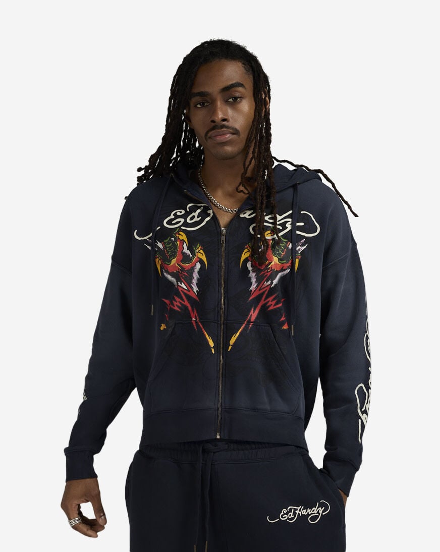 Shop Ed Hardy Tiger Flame Full Zip Hoodie EHM13036-NVY blue