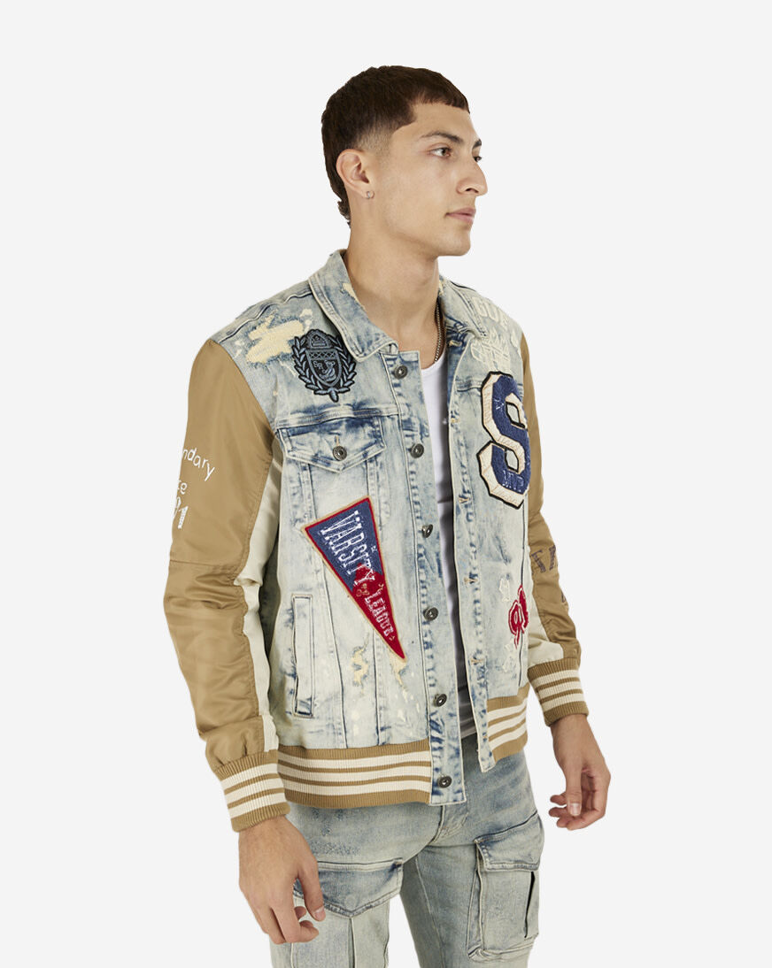 Shop Smoke Rise Varsity Denim and Nylon Trucker Jacket JJ23545SNZ