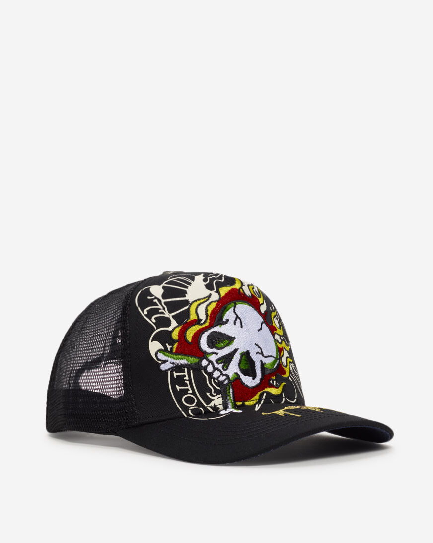 Shop Ed Hardy Fire Skull Trucker Hat EHH001-33 black