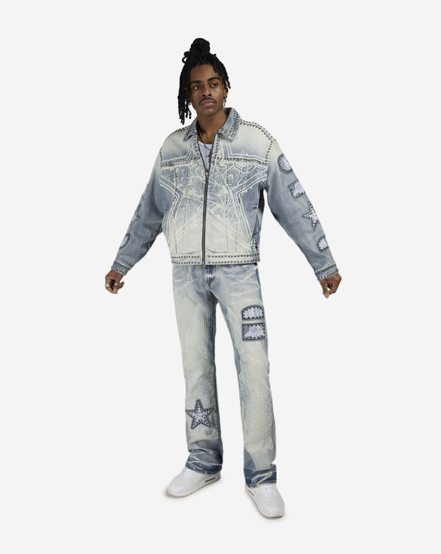 Shop Smoke Rise Chaos Abyss Denim Jacket JJ26S446SN-BLU blue