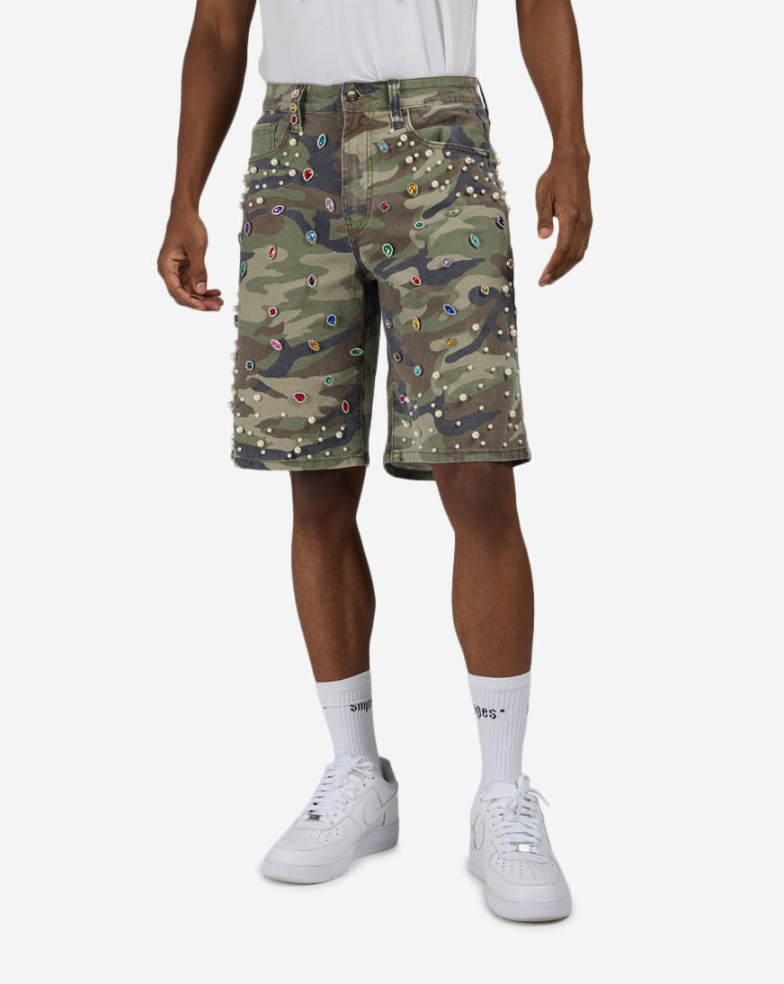 Shop Decibel Embellished Twill Camo Shorts SSWB007-CAM camo