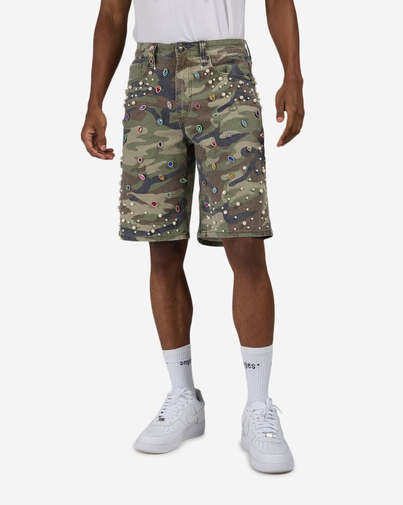 Decibel Embellished Twill Camo Shorts SSWB007-CAM Camo 1