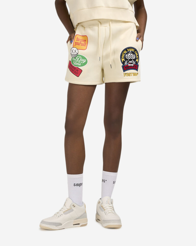 First Row Graphic Patch Fleece Shorts FRLB2557 Beige 1