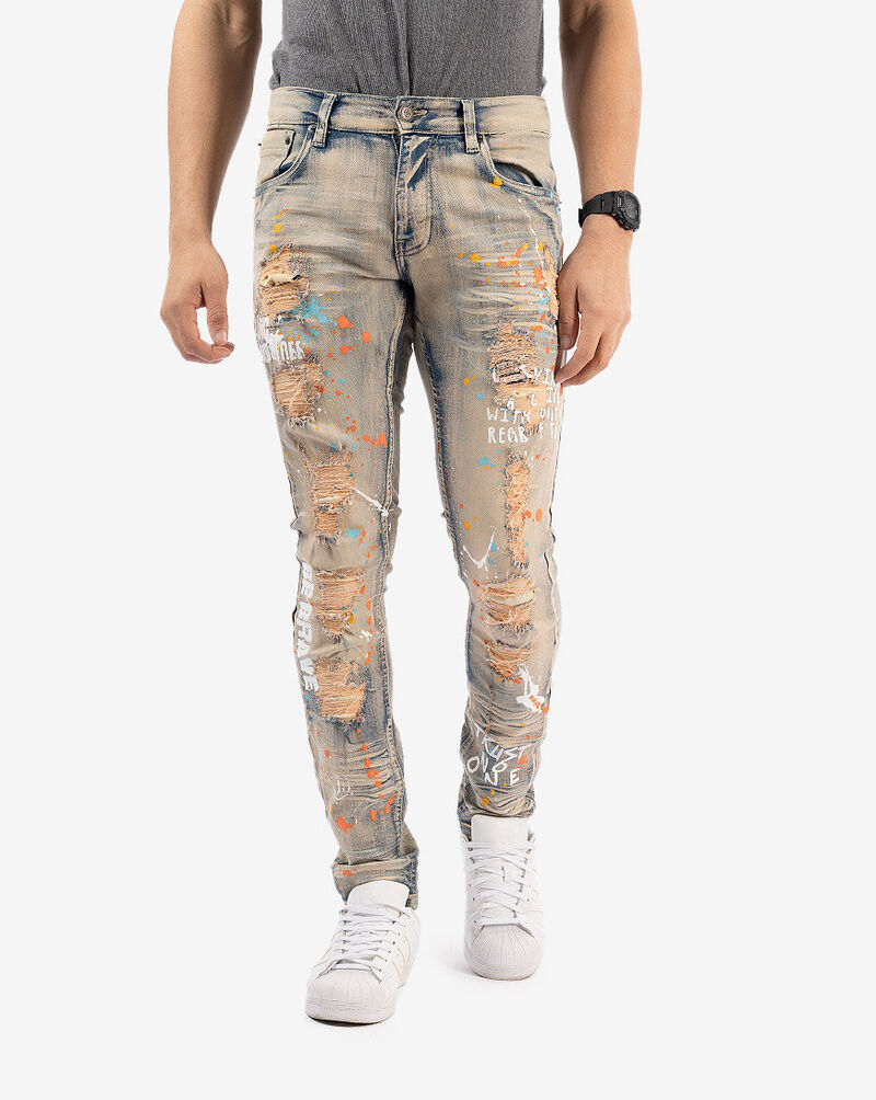 Shop Copper Rivet Printed Ripped Jeans 133011DIRT blue SNIPES USA