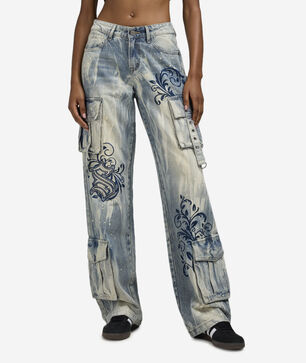 Wide Leg Cargo Tapestry Denim Jeans